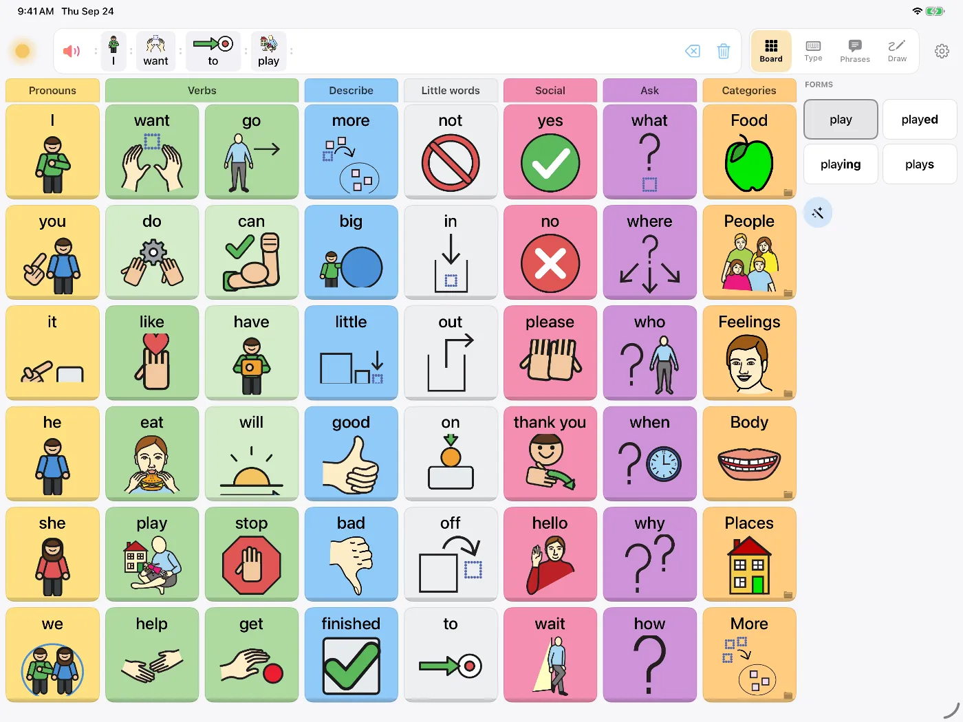 Dawn's symbol board on iPad with the message 'I want to play' built from symbols, and the word forms play, played, playing, plays beside it