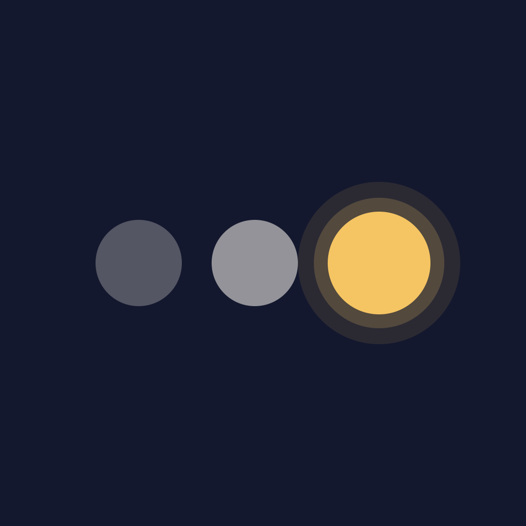 Dawn app icon: three dots like a typing indicator on deep navy, the third dot a glowing gold sun