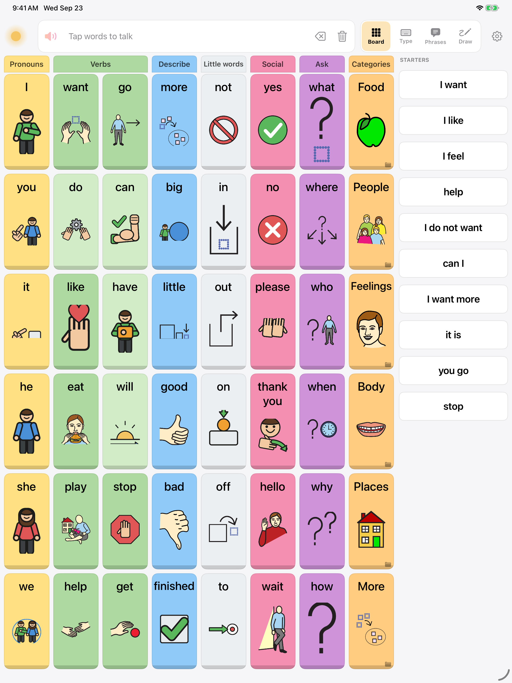 Dawn symbol board on iPad: one color per column, a lane tab over each column, the sentence starters beside the board