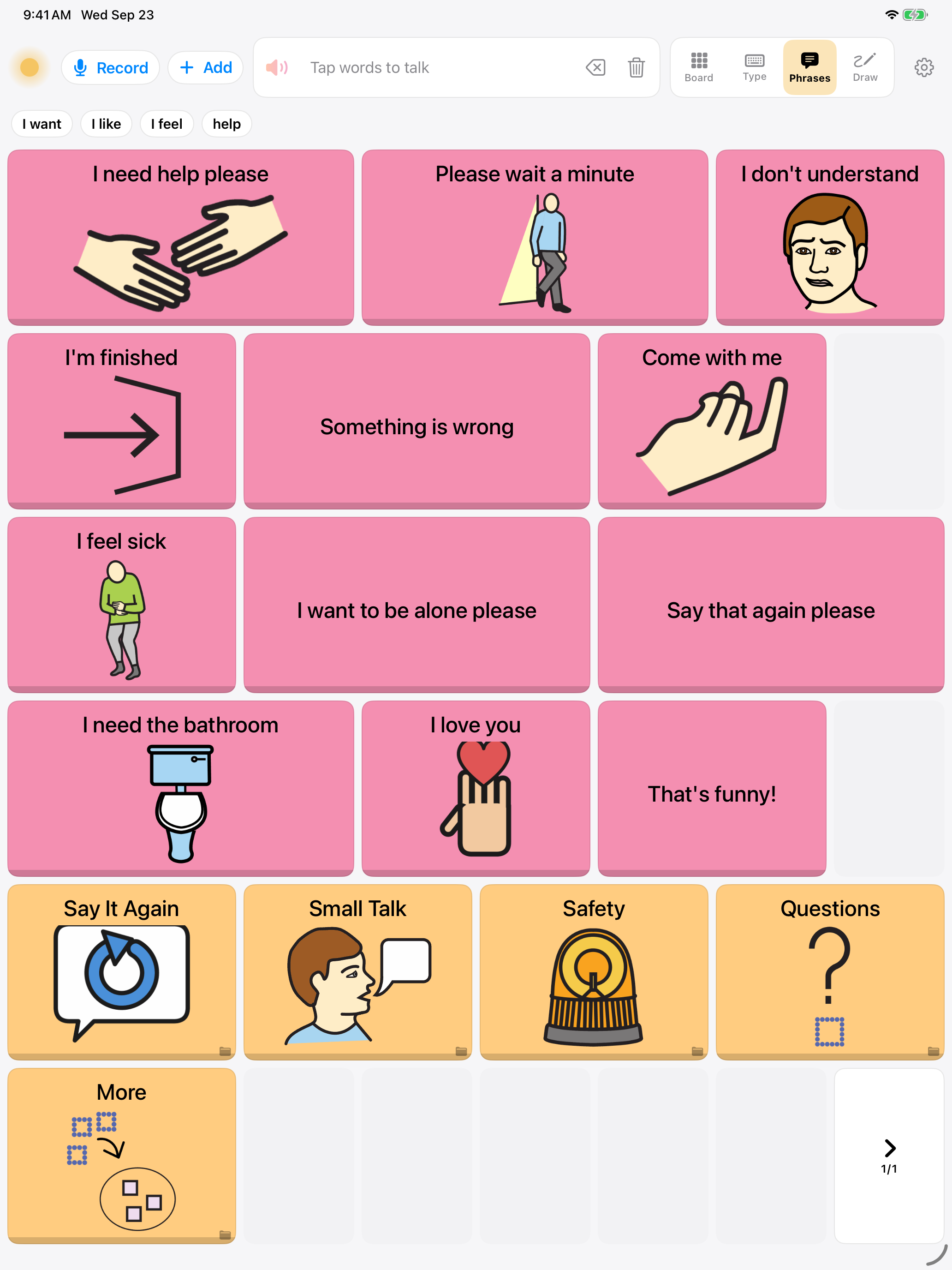 Dawn's Quick Phrases board on iPad: wide pink phrase cells and folders