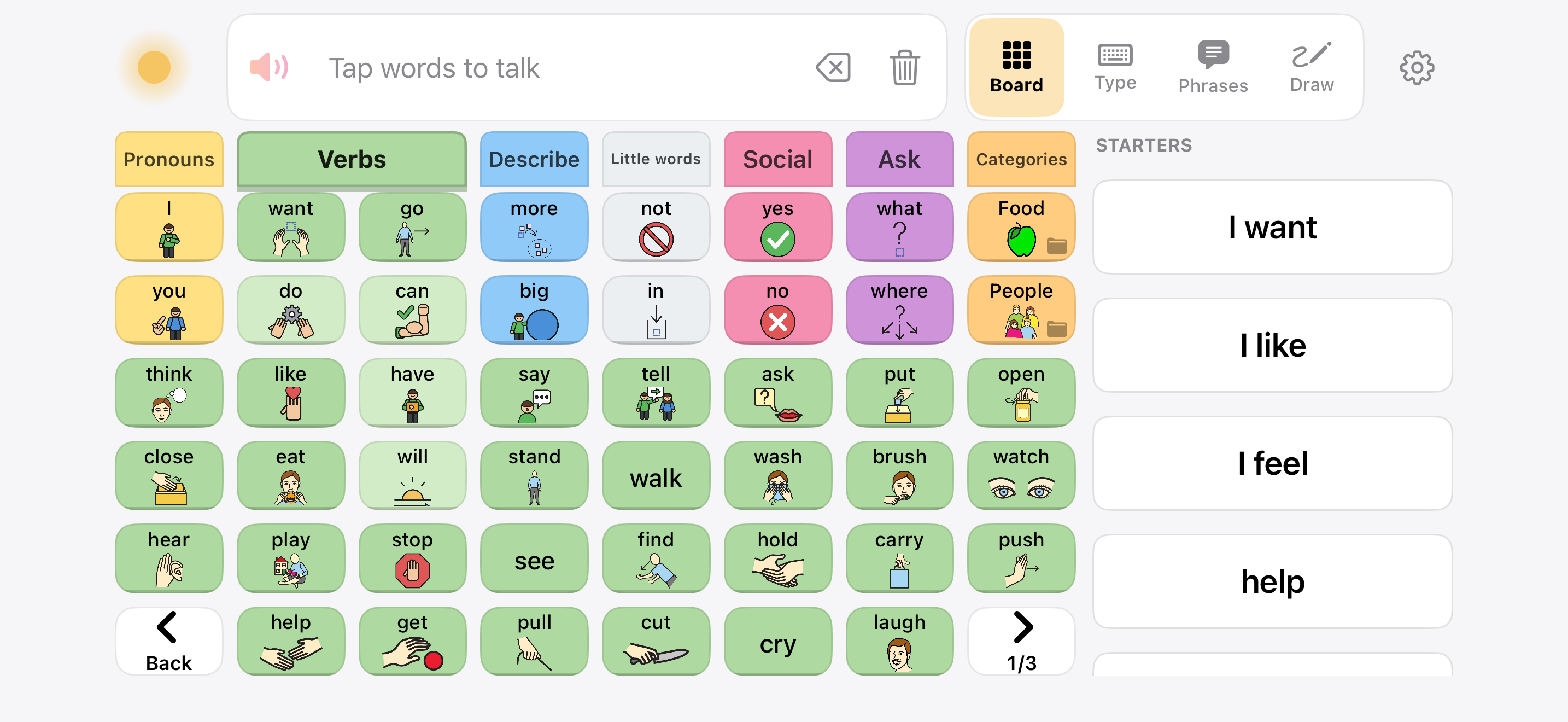 Dawn board on iPhone with the Verbs lane open, Back and page controls in the bottom corners