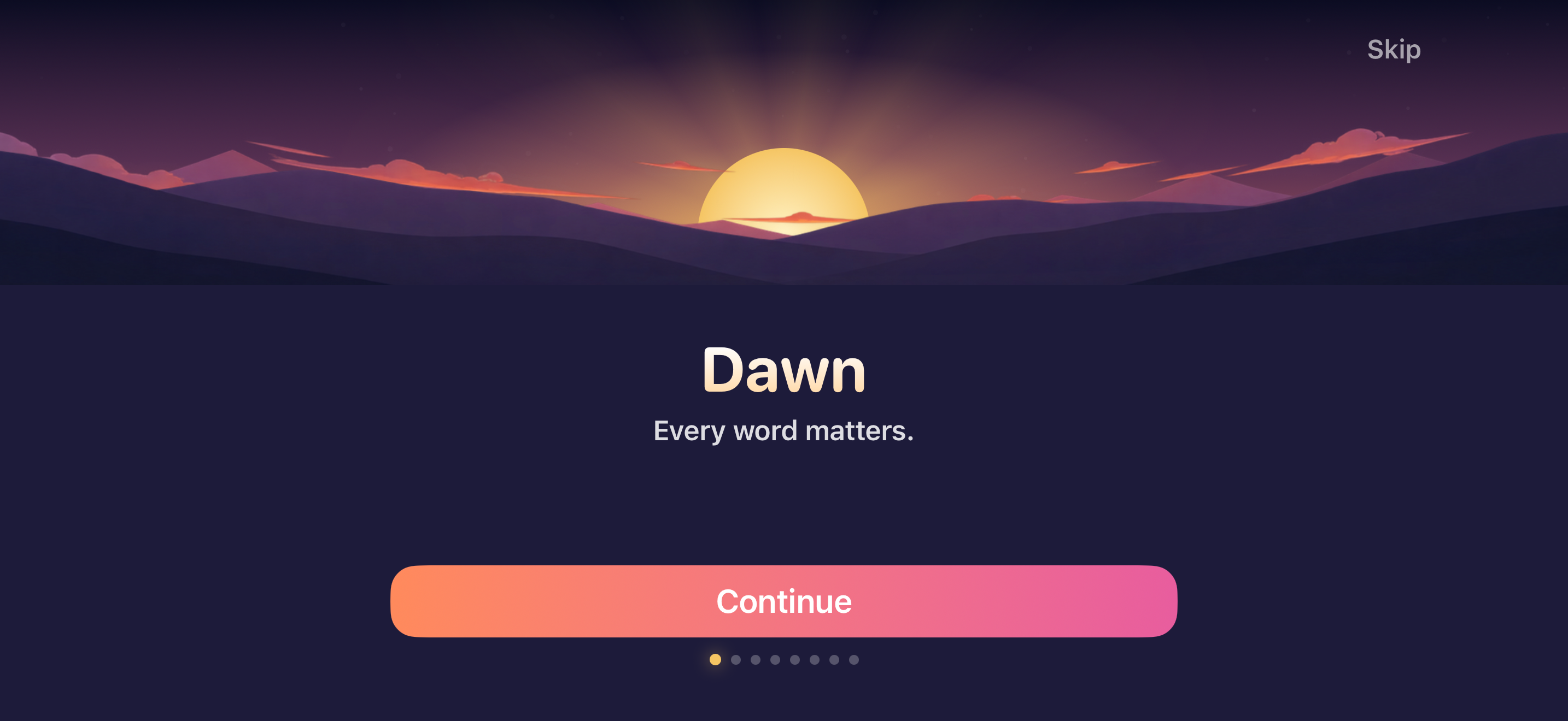 Dawn's opening screen on iPhone, landscape: sunrise over mountains
