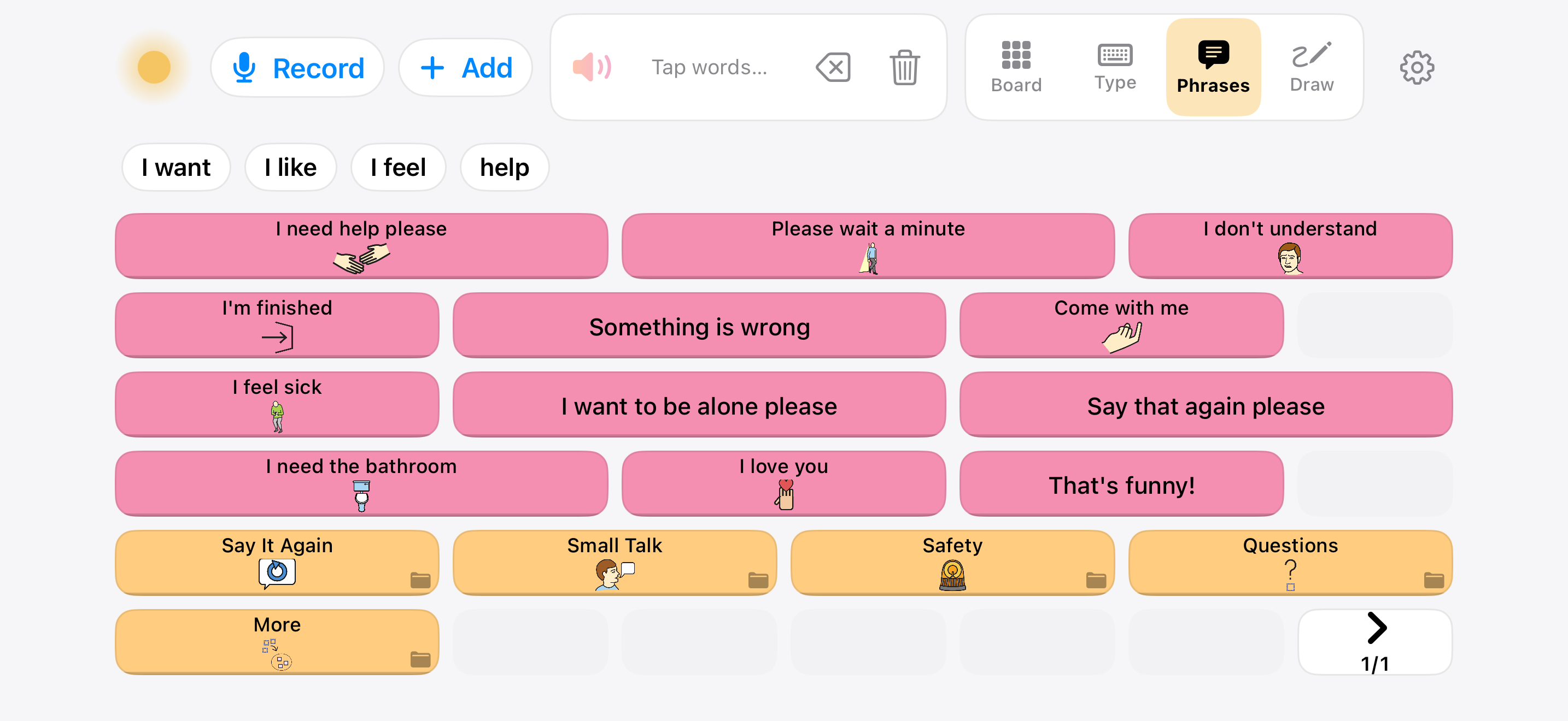 Dawn's Quick Phrases board on iPhone with Record and Add buttons