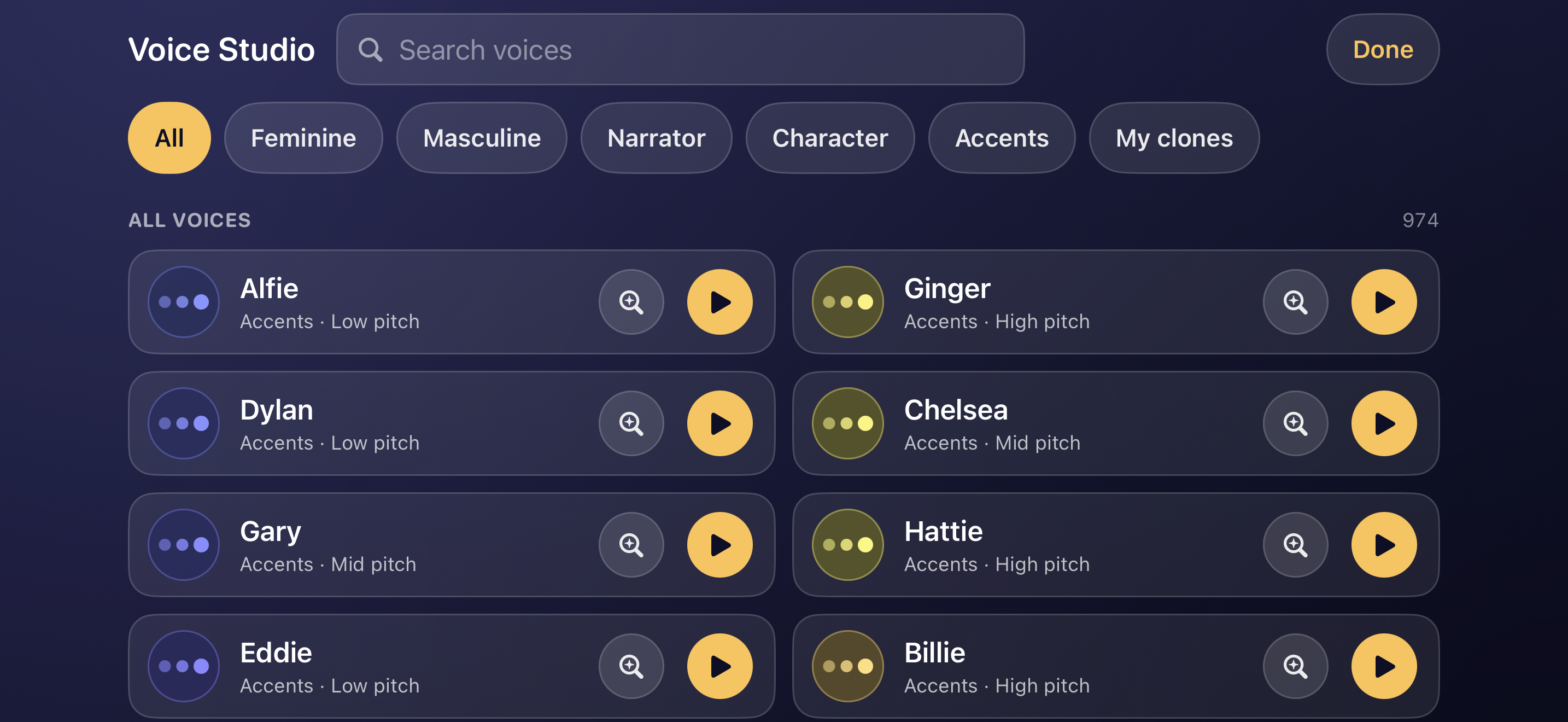 Dawn Voice Studio on iPhone: a catalog of voices with audition buttons