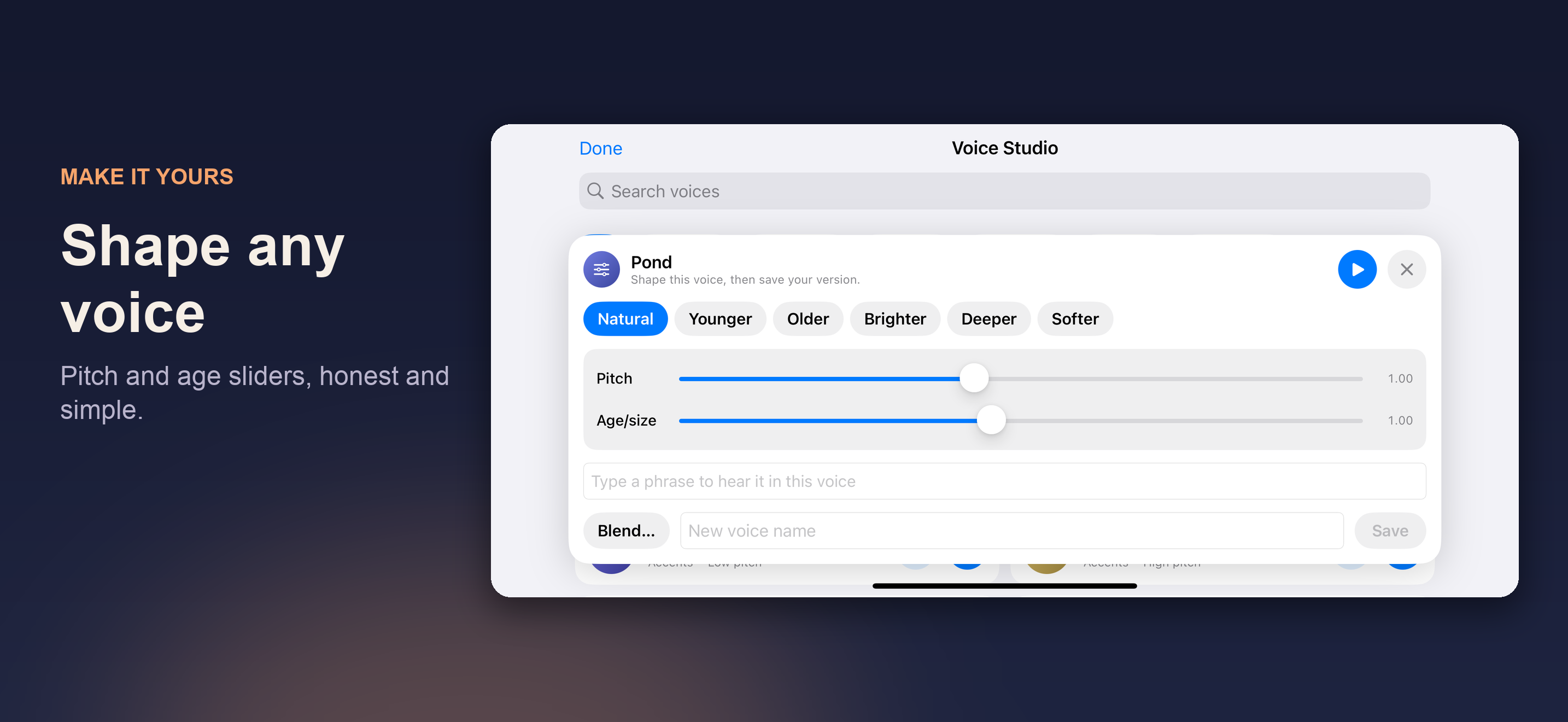 Dawn Voice Studio on iPhone showing voice shaping controls
